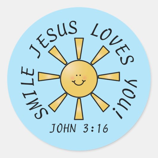 Lach Jezus Houdt Van Jou Gele Blauwe Sticker (Voorkant)