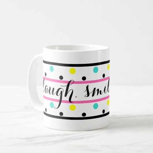 Lach Quote Roze Blauw Geel Polka Dots Koffiemok (Voorkant links)