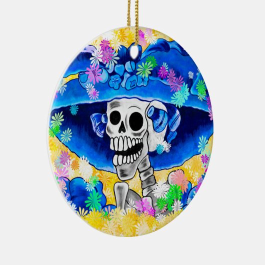 Lach Skeleton Woman in Blue Bonnet op Yellow Keramisch Ornament (Rechts)