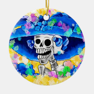 Lach Skeleton Woman in Blue Bonnet op Yellow Keramisch Ornament