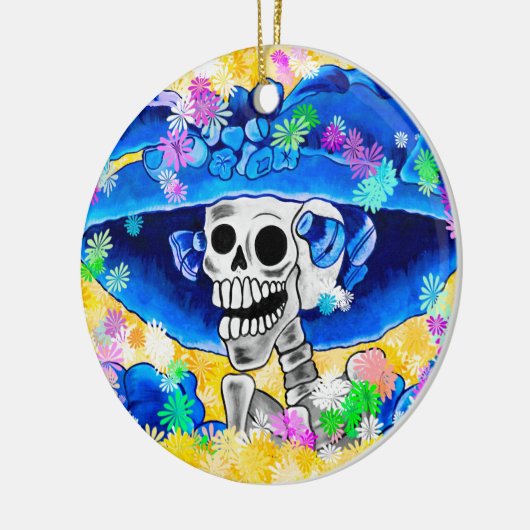 Lach Skeleton Woman in Blue Bonnet op Yellow Keramisch Ornament (Links)