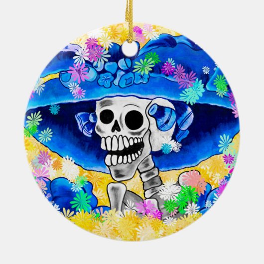 Lach Skeleton Woman in Blue Bonnet op Yellow Keramisch Ornament (Achterkant)