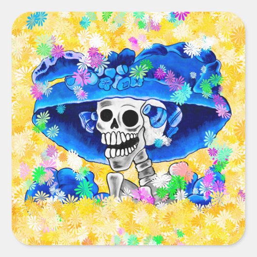 Lach Skeleton Woman in Blue Bonnet op Yellow Vierkante Sticker (Voorkant)