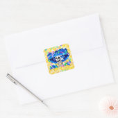 Lach Skeleton Woman in Blue Bonnet op Yellow Vierkante Sticker (Envelop)