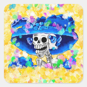 Lach Skeleton Woman in Blue Bonnet op Yellow Vierkante Sticker