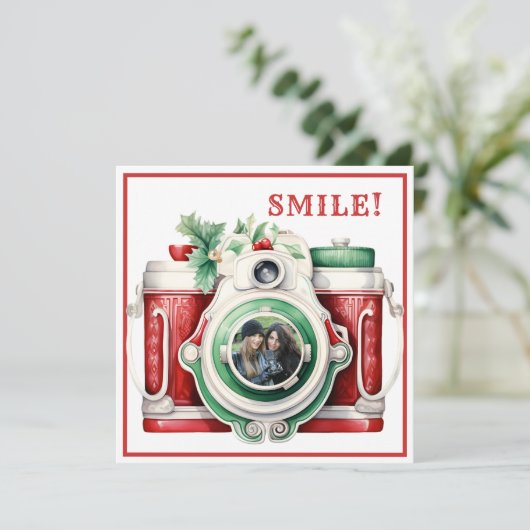 Lach | Vintage camera kerstkaart (Staand voorkant)