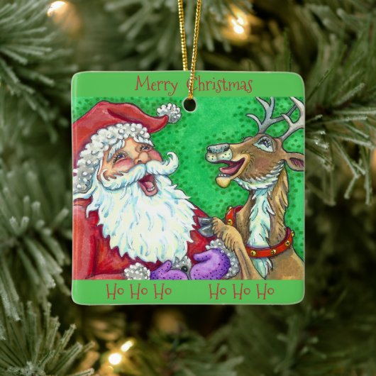 LACHEN KERSTMAN & RENDIER KERST KERAMISCH ORNAMENT (Boom)