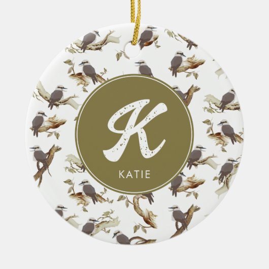 Lachen Kookaburra Australisch Eucalyptus Monogram Keramisch Ornament (Voorkant)
