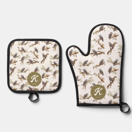 Lachen Kookaburra Australisch Eucalyptus Monogram Ovenwant & Pannenlap Set (Voorkant)