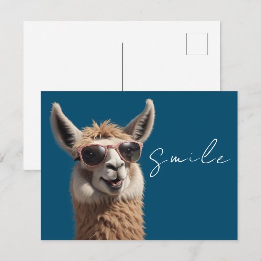 Lachen Llama Schattige Alpaca met Zonnebril Blauw Briefkaart (Voorkant / Achterkant)