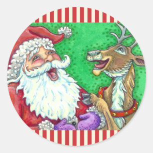 LACHEN SANTA & RENDIER KLOP KLOP GRAPPEN Grappig Ronde Sticker