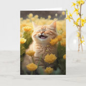 Lachen Verjaardagskitten in Bloemen Kaart (Gele Bloem)