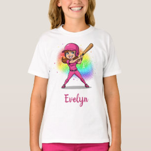 Lachend Cartoon Meisje Honkbalspeler in Roze T-shirt