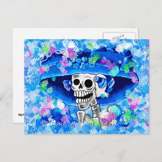 Lachend Skelet Vrouw in Blauw Bonnet op Blauw Briefkaart (Voorkant / Achterkant)