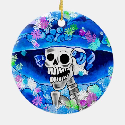 Lachend Skelet Vrouw in Blauw Bonnet op Blauw Keramisch Ornament (Achterkant)
