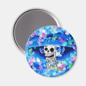 Lachend Skelet Vrouw in Blauw Bonnet op Blauw Magneet (Voorkant / Achterkant)