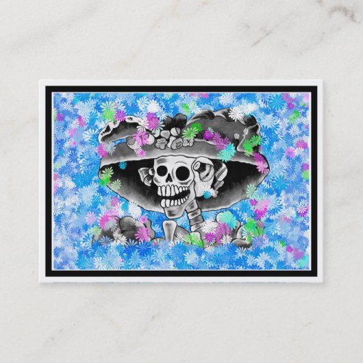 Lachend Skelet Vrouw in Bonnet op Blauw Visitekaartje (Voorkant)