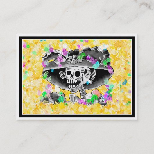 Lachend Skelet Vrouw in Bonnet op Geel Visitekaartje (Voorkant)