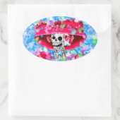 Lachend Skelet Vrouw in Rode Bonnet op Blauw Ovale Sticker (Tas)