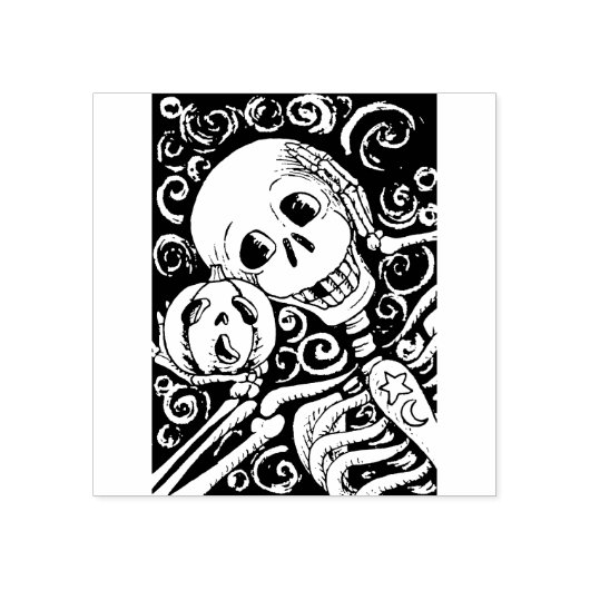LACHEND SKELET & ZIJN JACK O LANTERN, HALLOWEEN RUBBERSTEMPEL (Afrduk)