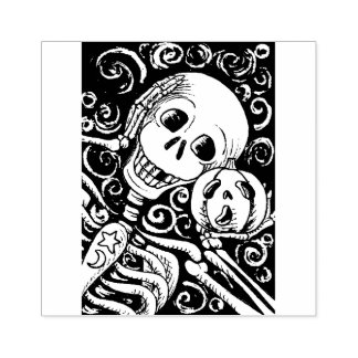 LACHEND SKELET & ZIJN JACK O LANTERN, HALLOWEEN RUBBERSTEMPEL