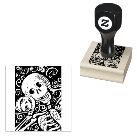 LACHEND SKELET & ZIJN JACK O LANTERN, HALLOWEEN RUBBERSTEMPEL (Gestempeld)
