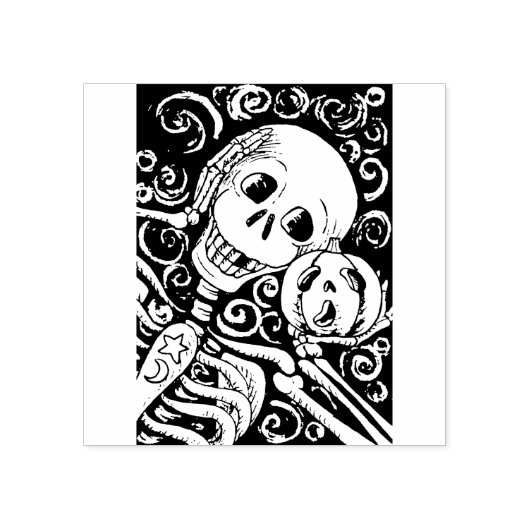 LACHEND SKELET & ZIJN JACK O LANTERN, HALLOWEEN RUBBERSTEMPEL (Afrduk)