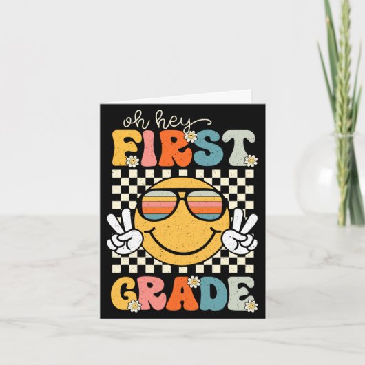Lachend terug naar school 1e leerjaar retro kaart (Voorkant)