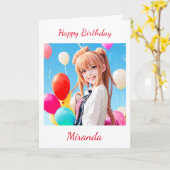 Lachende anime meisje met ballonnen Verjaardag Kaart (Gele Bloem)
