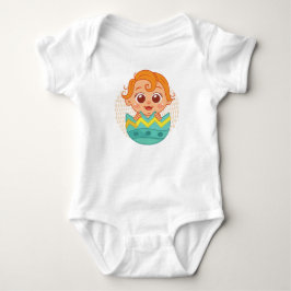 Lachende baby die uit een kleurrijk ei komt romper