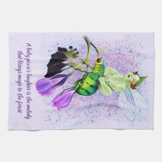 Lachende Baby Pixie Rijden op een kever Theedoek (Horizontaal)