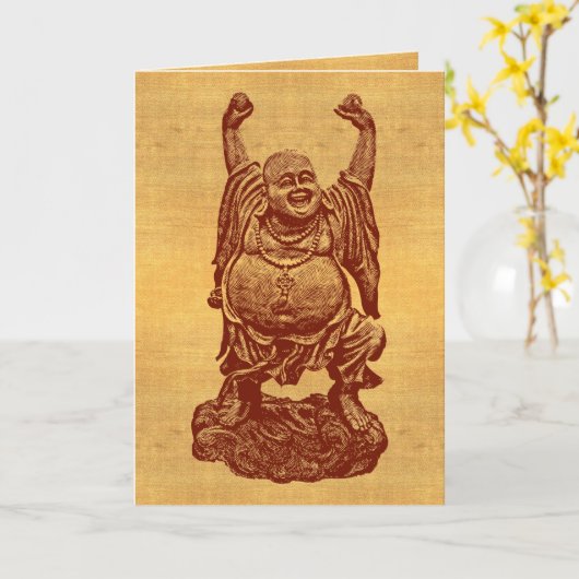 Lachende Boeddha + jouw tekst! (donkerrood op papi Kaart (Gele Bloem)
