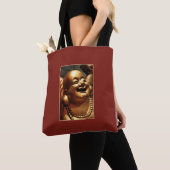 Lachende Boeddhabeeld Foto Goud op Rood Tote Bag (Dichtbij)