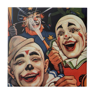 Lachende circusclowns en politie, vintage humor tegeltje