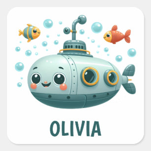 Lachende Cute Onderzeeër met Vissen en Bellen Vierkante Sticker