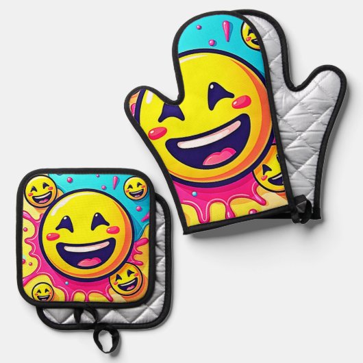 Lachende Emoji Splash Party Ovenwant & Pannenlap Set (Voorkant / Achterkant)