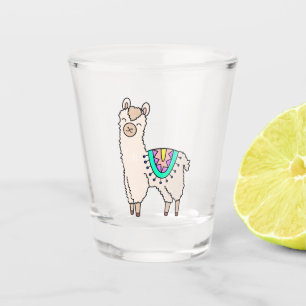 lachende gelukkige lama alpaca cartoon dier tekeni shot glas