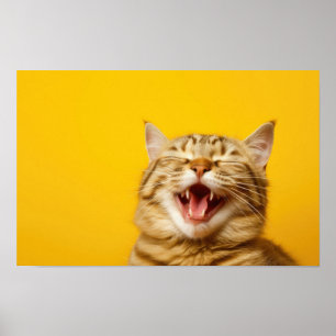 Lachende gemberkat op gele achtergrond - Schattige Poster