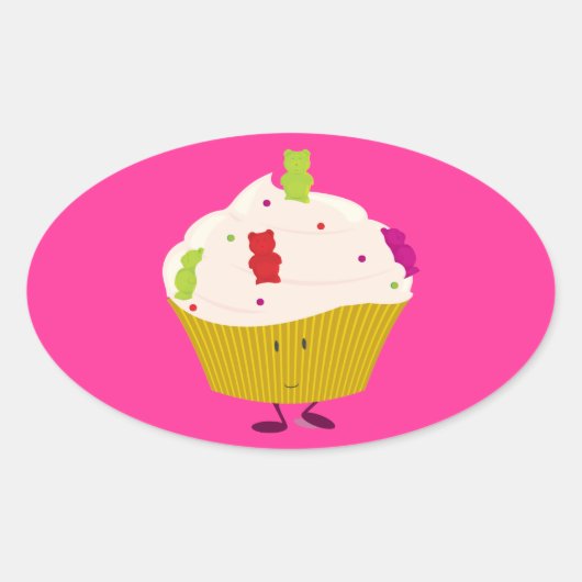 Lachende gummy beer cupcake ovale sticker (Voorkant)