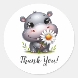 Lachende Hippo met Zonnebloem Dank U Ronde Sticker