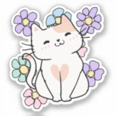 Lachende Kat met Bloemen Waterdicht Sticker (Voorkant)
