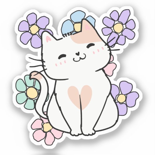 Lachende Kat met Bloemen Waterdicht Sticker (Voorkant)