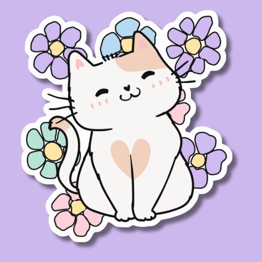 Lachende Kat met Bloemen Waterdicht Sticker