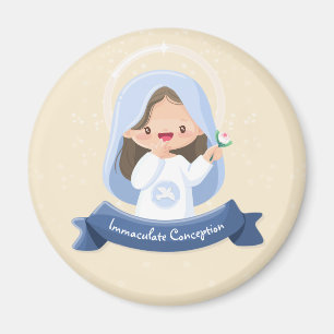 Lachende Kawaii Maagd Maria met Bloem – Beige Magneet