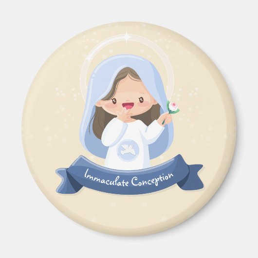 Lachende Kawaii Maagd Maria met Bloem – Beige Magneet (Voorkant)