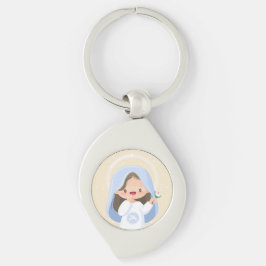 Lachende Kawaii Maagd Maria met Bloem – Beige Sleutelhanger