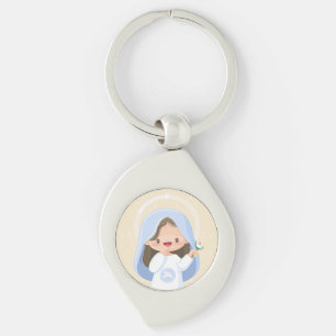 Lachende Kawaii Maagd Maria met Bloem – Beige Sleutelhanger