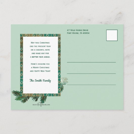  lachende kerstman, kerstboom en ster briefkaart (Achterkant)