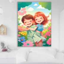 Lachende Kinderen in Kleurrijke Bloementuin Poster