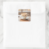 Lachende latte door venster vierkante sticker (Tas)